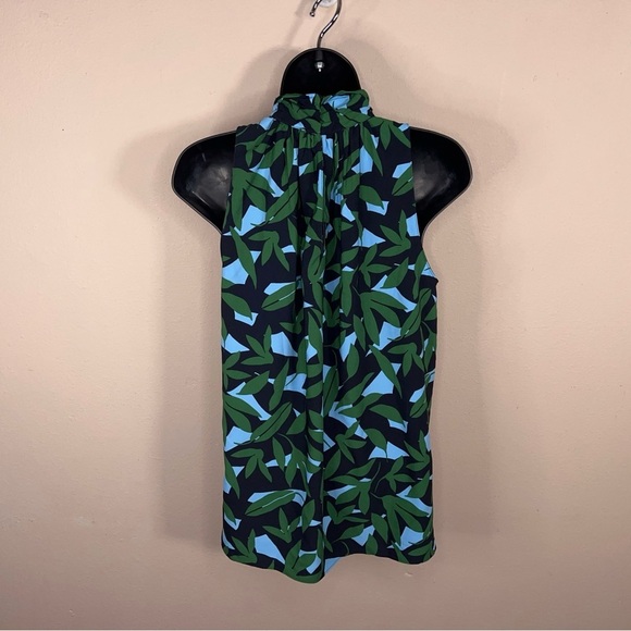 NEW Ann Taylor Petite Medium Blouse Green Blue Leaf Print Tie Neckline High Neck - Picture 8 of 14